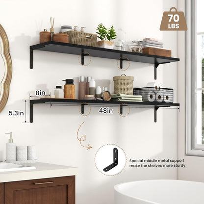 Fun Memories Deep Floating Shelves, 48W x 8D Floating Shelves Set of 2, Wall Mounted Shelf with Metal Brackets, Rustic Wood Wall Shelf for Bathroom, Kitchen and Living Room, Black