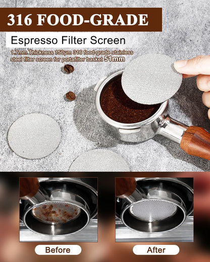 51mm Espresso Accessories Kit, Coffee Distributor and Tamper Leveler, WDT Tool and Dosing Funnel Set, Puck Screen & Tamper Mat,Fits 51 mm Espresso Machines and Portafilters