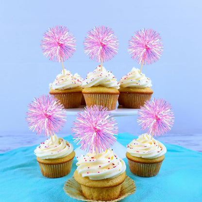 Ephlyn 30Pcs Foil Firework Cupcake Toppers Party Birthday Cake Toppers Supplies Sparkle Tinsel Cocktail Fruit Toothpick for Birthday Wedding Graduation Party Rose Red