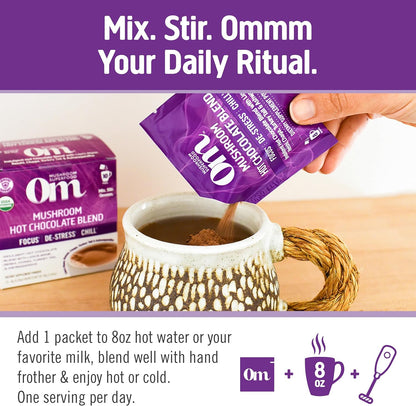 OM MUSHROOM SUPERFOOD Hot Chocolate Blend Mushroom Powder, Single Serve, 10 Count, Dutch Cocoa, 2g of Sugar, 25 Calories, Lion's Mane, Reishi, Chaga, Turkey Tail, Focus and Stress Support