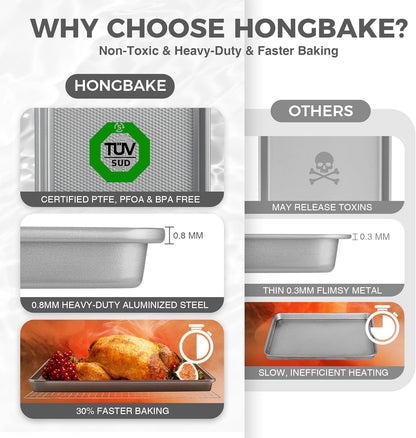 HONGBAKE Naturally Non Toxic Baking Sheet Pan Set of 3, Heavy Duty Aluminized Steel Cookie Sheets, Half/Quarter/Jelly Roll Pans with Textured Nonstick Surface, Free of PTFE & PFOA