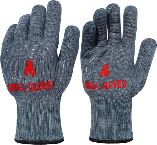QUWIN BBQ Gloves, Oven Gloves 1472℉ Extreme Heat Resistant, Grilling Gloves Silicone Non-Slip Oven Mitts, Kitchen Gloves for BBQ, Grilling, Cooking, Baking-1 Pair… (Grey, One Size Fits Most)