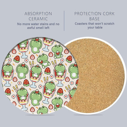 6 Pcs Coasters for Drinks with Holder, Cute Frog Absorbent Ceramic Coasters with Cork Base,Cute Funny Table Drinks Coasters Tabletop Protection Mat,Table Home Decor,4 Inches