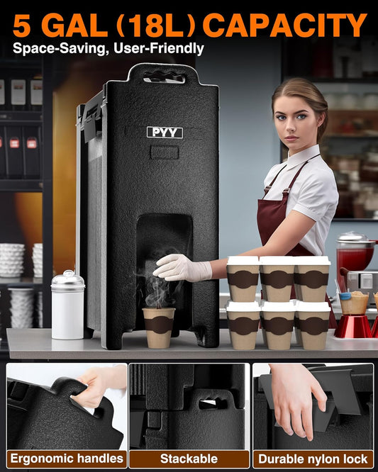 PYY Insulated Beverage Dispenser 5 Gallon - Hot and Cold Drink Container with Handles, Thermal Drink Dispenser Cooler Server carrier For Commercial Catering Black