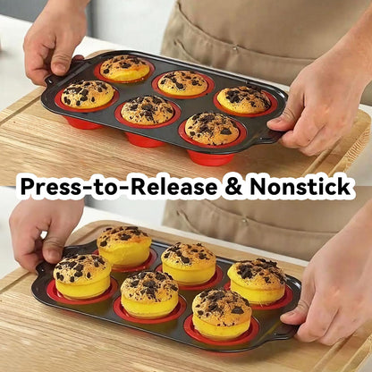 Silicone Muffin Pan Molds, 6 Cups Muffin Pans with Metal Frame, Muffin Pans for Baking, Non Stick Baking Tray for Ovens, Bakeware with Press to Release Design, Cake Pop Mold, Silicone Egg Molds, Red