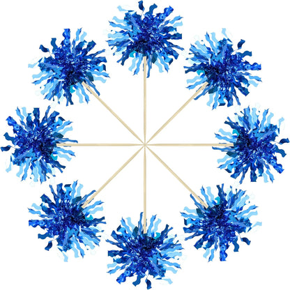 Gyufise 30Pcs Foil Firework Cupcake Toppers Happy Birthday Cake Toppers Sparkle Tinsel Flower Drink Stirrers Cocktail Food Fruit Toothpicks for Valentine's Day Party Supplies Blue