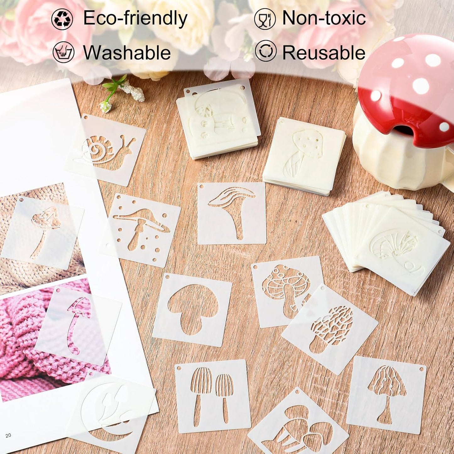Fainne 100 Pcs Stencils for Painting on Wood Reusable Stencil Crafts Drawing Templates Holiday Wall Paper for DIY Scrapbook Home 2 x 2 Inch(Mushroom)