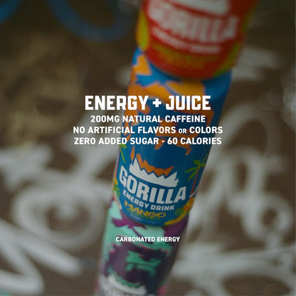 Gorilla Energy Drink, Mango Coconut, 200mg Natural Caffeine, Real Fruit Juice Squeezed & Concentrated, L-Theanine, Taurine, Ginseng, Acetyl L-Carnitine, No Added Sugar and No Artificial Colors, 12 Pack