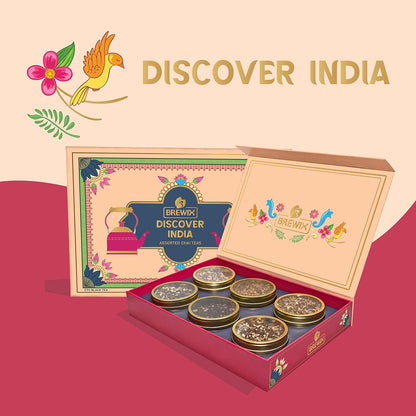 BREWIX, Discover India Premium Black Tea Christmas Gift Box (6.34oz/90+ Cups) | Tea Gift Sets For Tea Lover | 6 Unique Chai Teas | Best for Birthdays, Anniversaries & Holidays