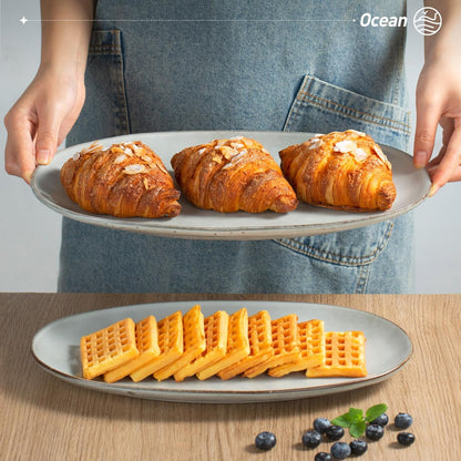 famiware Serving Platter, Oval 15.59/14.3/12.9inch Serving Dishes for Entertaining, Serving Bowls, Reactive Glaze, Stoneware Serving Trays for Party, Food, Turkey, Cheese, Ocean Series, Grey