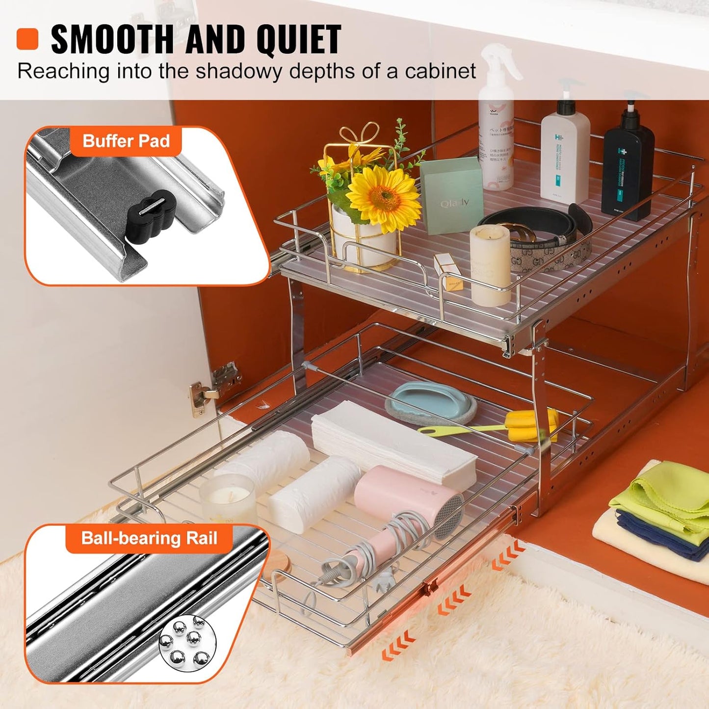 VEVOR 20"Wx21"D Pull Out Cabinet Organizer, 20"Wx21"D 2 Tier Heavy Duty Slide Out Pantry Shelves, Chrome-Plated Steel Roll Out Drawers, Sliding Drawer Storage, 21.5"Wx22"D Install Size for Cabinet