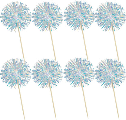 Ephlyn 30Pcs Foil Firework Cupcake Toppers Sparkle Tinsel Cupcake Picks Drink Stirrers Cocktail Food Fruit Toothpicks for Baby Shower Graduation Party Supplies White