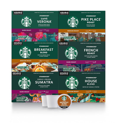 Starbucks K-Cup Coffee Pods, Medium And Dark Roast Coffee Variety Pack for Keurig Brewers, 100% Arabica, 6 Boxes (60 Pods Total)