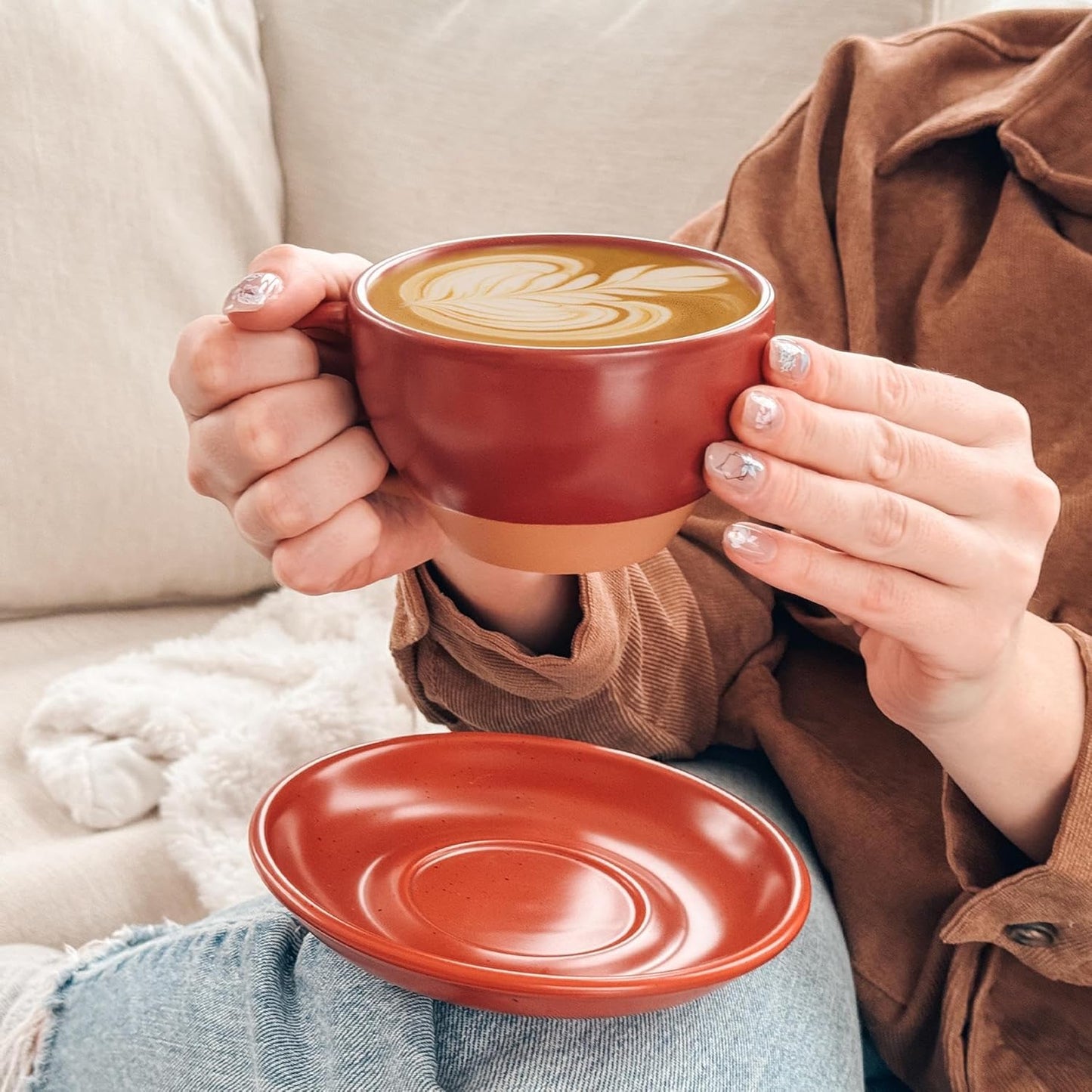 Mora Ceramic Latte Art Mug With Saucer - 10.5 oz, Round Bottom For Perfect Pours - Cafe Cups for Cappuccino, Espresso, Coffee, Tea etc - Porcelain Set for Baristas, Great Gift - Crimson Red