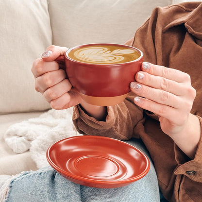 Mora Ceramic Latte Art Mug With Saucer - 10.5 oz, Round Bottom For Perfect Pours - Cafe Cups for Cappuccino, Espresso, Coffee, Tea etc - Porcelain Set for Baristas, Great Gift - Crimson Red