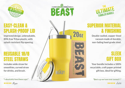 Beast 20 oz Tumbler Stainless Steel Vacuum Insulated Coffee Ice Cup Double Wall Travel Flask (Lemon)