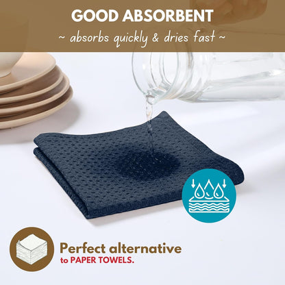 Native Fab Cotton Kitchen Towel with Hanging Loop 16x26 inches, 4-Pack, Waffle Weave Kitchen Towels for Cleaning Drying, Washcloths Soft & Absorbent Cloth Rags, Bar Towel, Dish Cloth, Navy