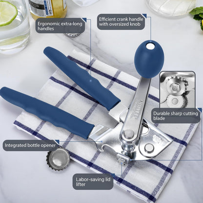 Commercial Can Opener, UHIYEE Hand Crank Can Opener Manual Heavy Duty with Comfortable Extra-long Handles, Oversized Knob, Large Handheld Can Open Easy for Big Cans, Blue