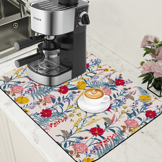 Dish Drying Mat Spring Flowers Coffee Bar Mat for Countertop Botanical Coffee Mat Absorbent Rubber Backed Hide Stain Dish Drainer Rack Mat Coffee Maker Coffee Pot Dining Room Decor 15.7 x 23.6 Inch