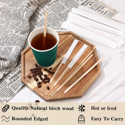 2000 Pcs Individually Wrapped Wooden Coffee Stirrers, Disposable Coffee Stir Sticks Round End Sticks Bulk Wood Stirrers for Cocktail Hot Drinks Restaurant Bar Home Office (7 Inch)