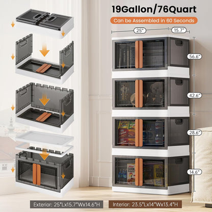 19Gal Collapsible Storage Bins with Lids & Wheels - 1 Pack Stackable with Doors, Heavy-Duty Plastic Containers for Home/Office, White