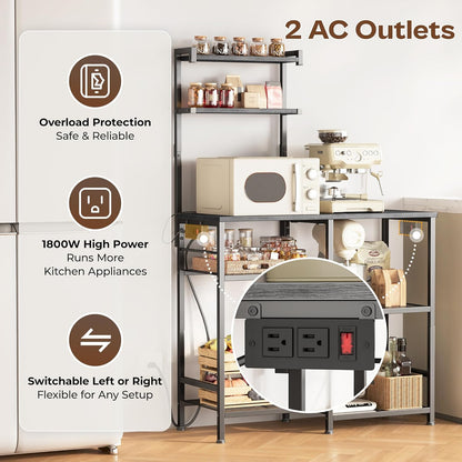 Huuger 31.5 Inch Bakers Rack with Power Outlets, Kitchen Microwave Stand with Storage, Coffee Bar with 4 Hooks, 3-Level Height Open Shelves, Grey