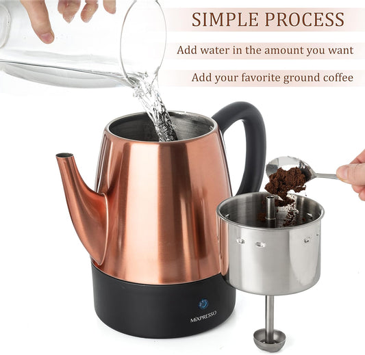 Mixpresso Electric Coffee Percolator Copper Body with Stainless Steel Lids Coffee Maker, Percolator Electric Pot - 4 Cups, Copper Camping Coffee Pot