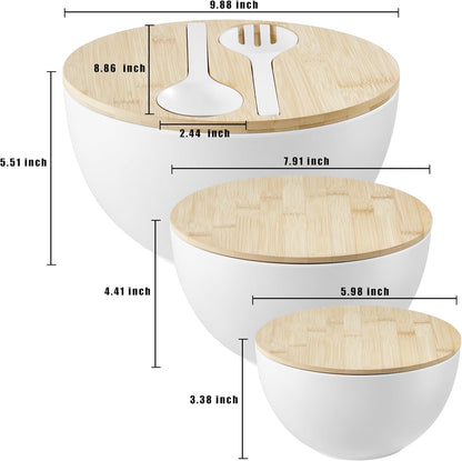 Large Salad Bowls with Bamboo Lids Set of 3, Mixing Nesting Bowls Round Serving Bowls with Servers for Salads, Kitchen Eating, Pastas, Popcorn, Chips, Trifle, Fruit, Food Prepare (White,10",8",6" )