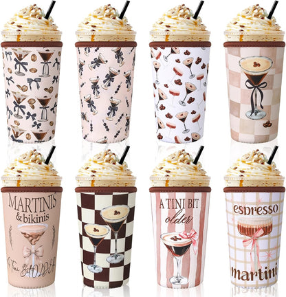 8 Pcs Reusable Sleeves for Iced Coffee Cup Pink Bow Cup Coolie Espresso Martini Reusable Coffee Insulator Sleeves Neoprene Insulated Holder for Iced & Hot Drinks, 22-24 oz