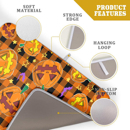 Giwawa Halloween Dish Drying Mat, 18"x24" Spooky Pumpkins Bats Orange Black Buffalo Plaids Dish Drainer Mats, Large Absorbent Fast Drying Dish Drying Pad for Kitchen Countertop Holiday Decor