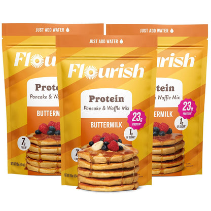Flourish Protein Pancake & Waffle Mix, with Whey Protein & Flax Seed, No Added Sugar, High in Protein & Fiber - Just Add Water - Buttermilk Flavour, 430g (3 Pack) - Made in Canada