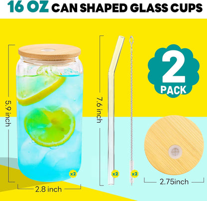Joyclub Glass Cups with Bamboo Lids and Straws 2 Set 16 oz Reusable Iced Coffee Cup Beer Can Drinking Jars for Smoothie Whiskey Boba Soda Tea Gift