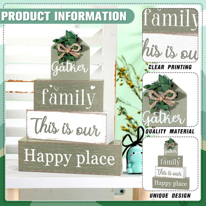 Farmhouse Table Decor Eucalyptus Leaves Wooden Block Sign Gift Gather Family This Is Our Happy Place Tabletop Centerpieces Rustic Decorations for Home Kitchen Shelf Desk Tiered Tray Decor