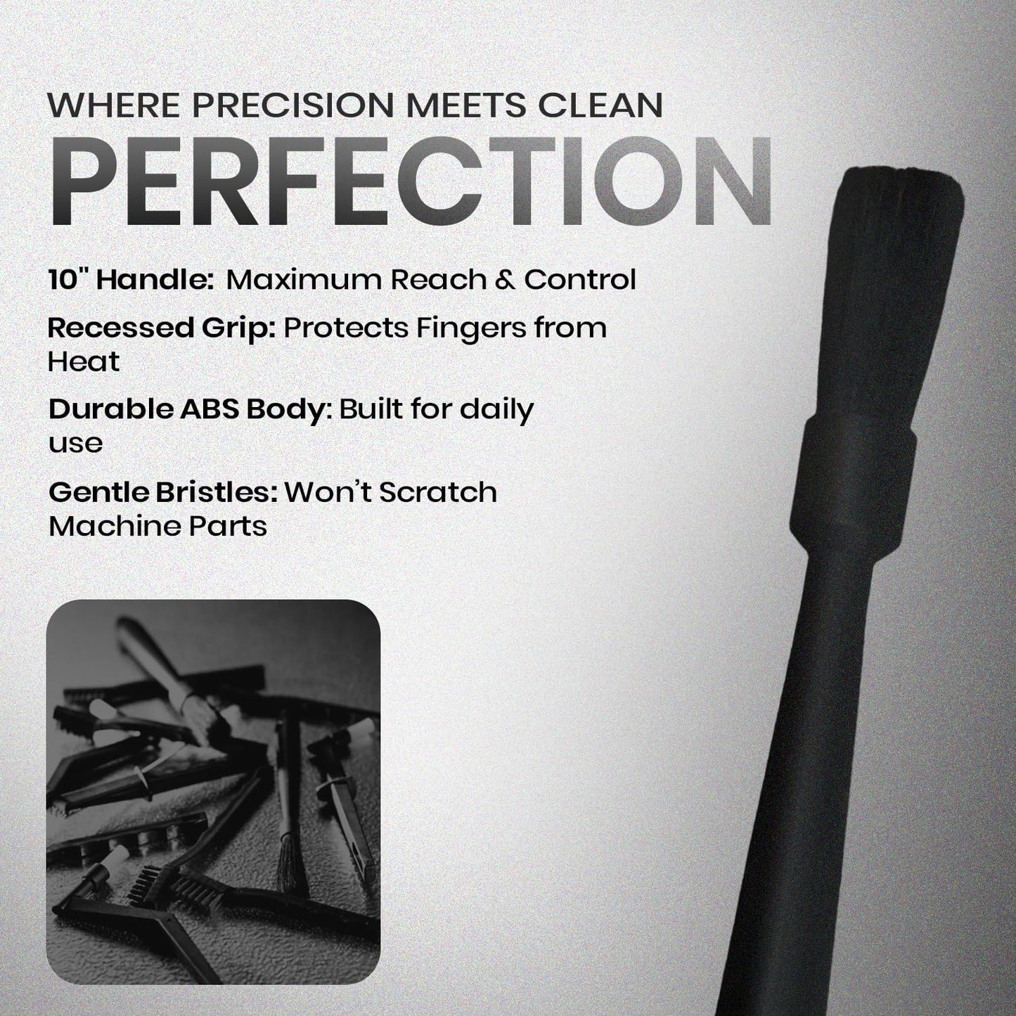 Rattleware 10" Black Espresso Machine Grinder Brush, Long Durable Handle Coffee Grinder Cleaning Brush - Ideal for Home, Cafe, Restaurant, or Hotel - Trusted By Baristas