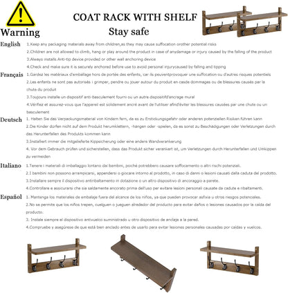 Coat Rack with Shelf Wall Mount, Entryway Bamboo Hanging Shelf, Set of 2, Wall Hook Rail for Hallway Décor, Storage Clothe, Hat, Robe, Key, Dog Leash (Walnut)