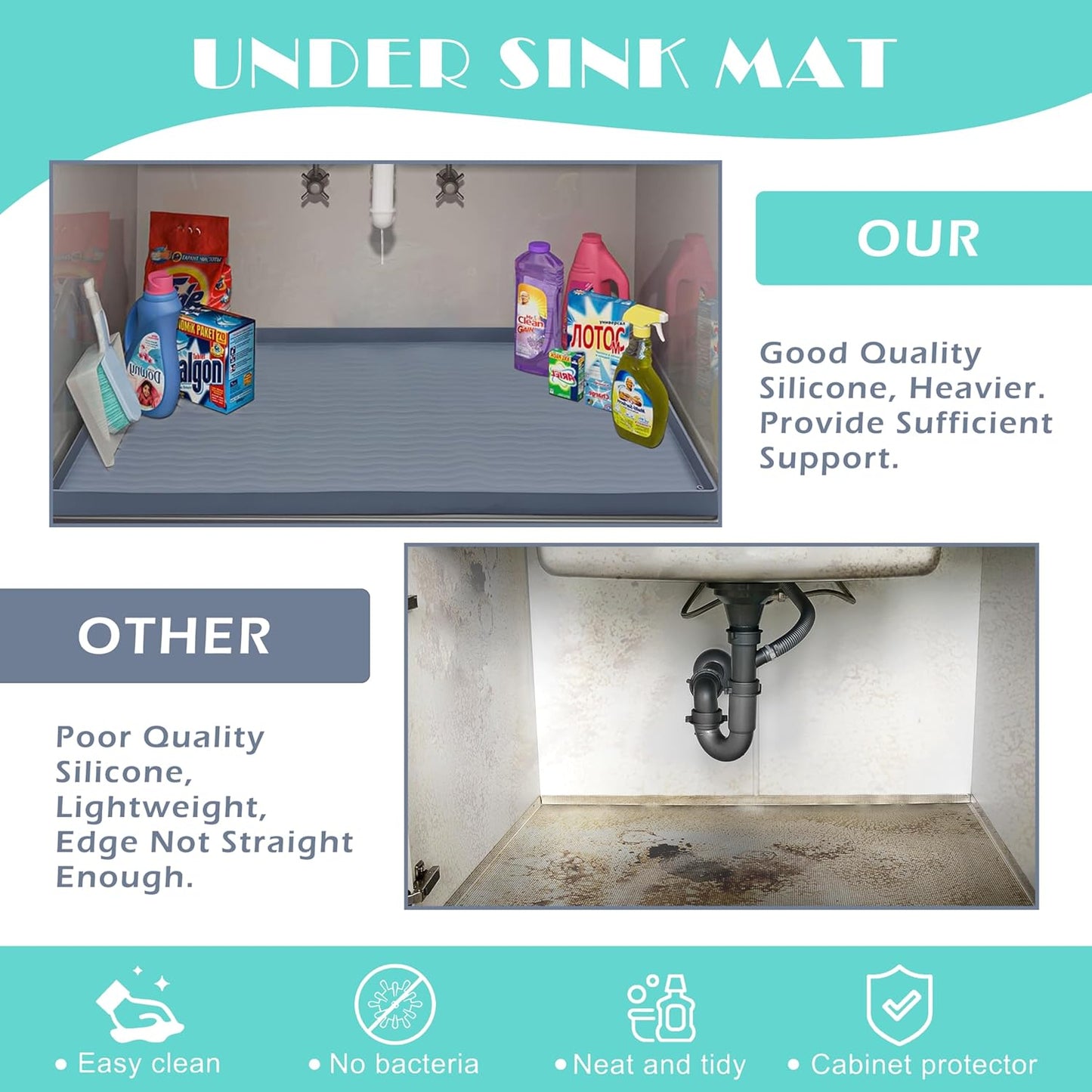 URMONA Waterproof Silicone Under Sink Mat 34'' x 19'' Shelf Liner for Kitchen and Bathroom, Cabinet and Counter Protector, Storage and Organizers, Litter Mat, Pet Cat Puppy Essentials(Dark Grey)