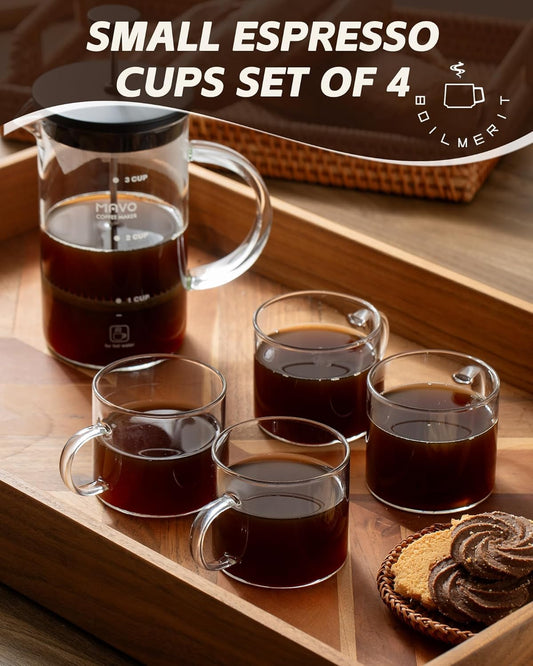 Espresso Cups Set of 4, 5 oz Small Shot Glasses with Handle, Clear Demitasse Mugs for Double Espresso or Tea, Coffee Machine Accessories