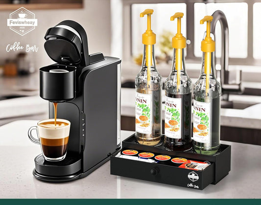 Coffee Bar Organizer, 2-Tier Syrup Rack with Coffee Drawer, Suitable for Dirty Soda Bar Supplies & Holding Torani Bottles, Wine Glasses, Space-Saving for Small Kitchens,Apartments,Dorms