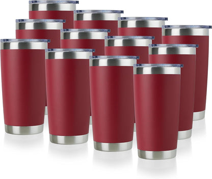 DOMICARE 20oz Stainless Steel Tumbler Bulk with Lid, Double Wall Vacuum Insulated Travel Mug, Powder Coated Coffee Cup (Powder Red, 12)