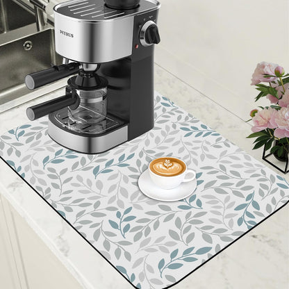 Grey and Blue Leaves Branches Dish Drying Mat for Kitchen Counter Bar Mat Hide Stain Absorbent Rubber Backed 15.7 x 23.6 Inch