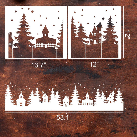 Christmas Stencils for Window Glass Large Christmas Village Stencil for Wood Christmas Tree House Holiday Drawing Templates for Painting on Wall Canvas Paper Doormat