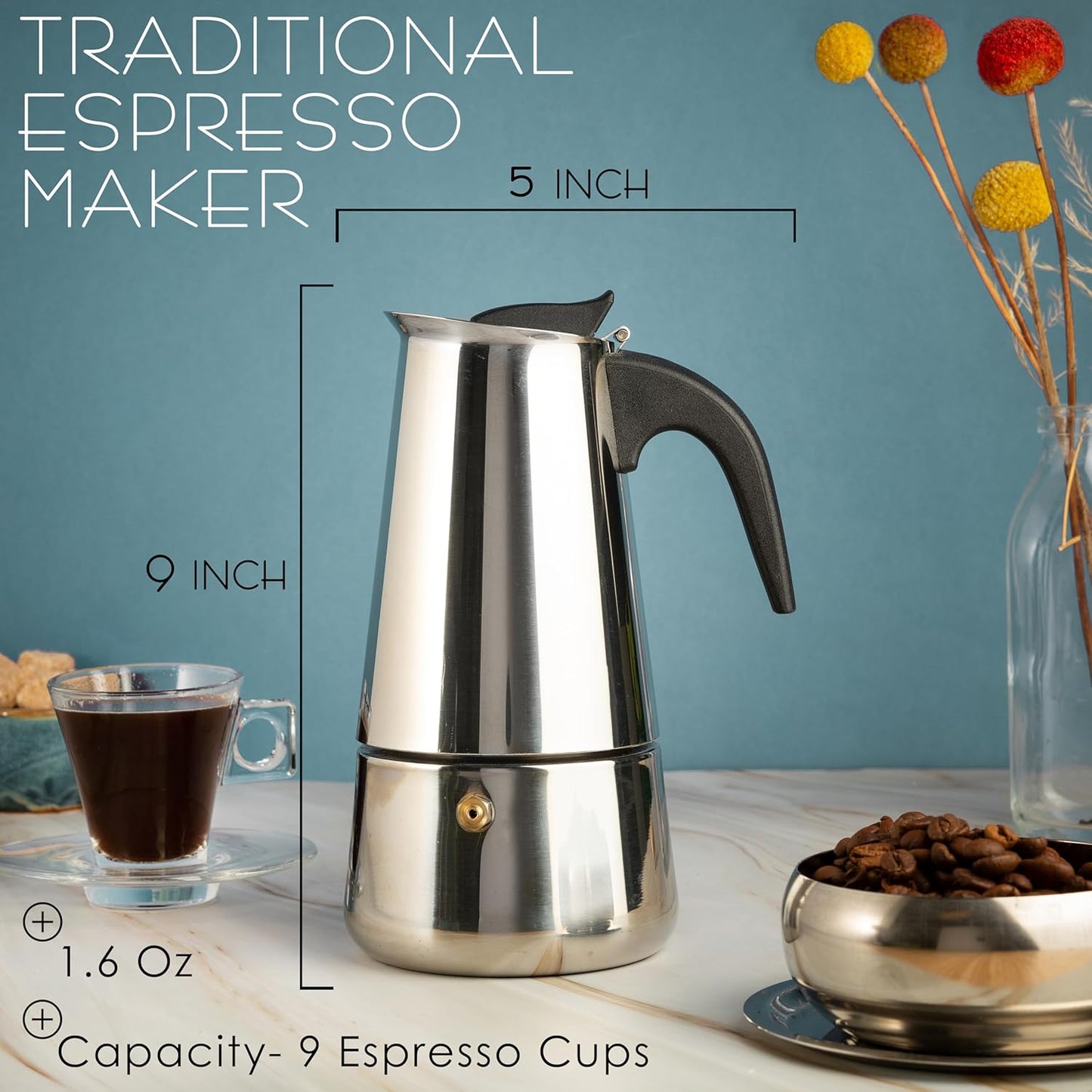 Mixpresso 9 Cup Greca Stovetop Espresso Pot 450ml/15oz, Moka Pot with Coffee Percolator Design, Stainless Steel Stove Top Coffee Maker for Camping or Home Use,Italian Stovetop Espresso Maker