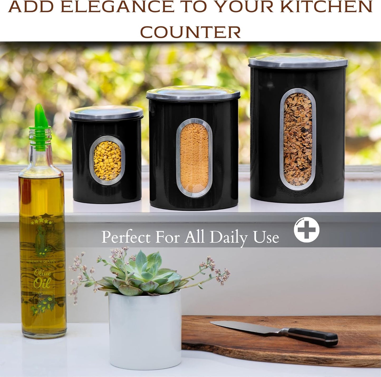 Moss & Stone 3-Piece Black Canisters Sets For The Kitchen, Airtight Canister Set With See Through Window, Storage Jars for Coffee Container, Tea Organizer & Sugar Canister, Black Kitchen Canisters