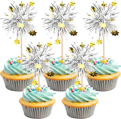 30 PCS Foil Firework Cupcake Toppers Happy Birthday Star Cupcake Picks Sparkle Tinsel Drink Stirrers Cocktail Fruit Toothpicks for Valentine's Day Wedding Birthday Party Decorations Supplies Silver
