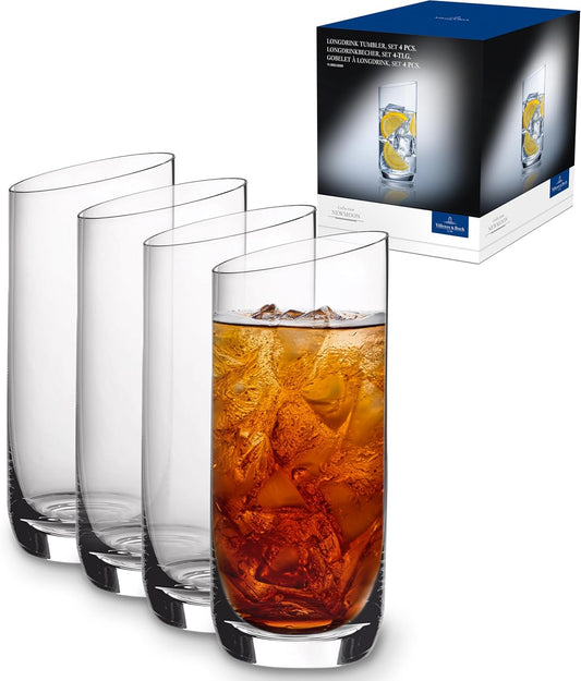 Villeroy & Boch New Moon Set, 4 Pieces, Elegant, Modern Sloping Long Drink, Crystal Glass, Transparent, Dishwasher Safe