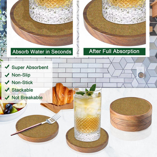 5 Pack Brown Wooden Coasters with Felt Pads, Non-Slip, Non-Stick, Absorbent, Round, 4.3 Inch, Perfect for Coffee Tabletop Protection