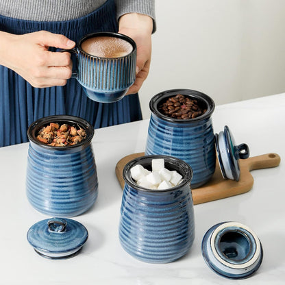 Hasense Ceramic Food Storage Jars Set of 3,25 FL OZ Kitchen Canisters with Airtight Lids, Coffee,Tea and Sugar Containers, Farmhouse Decor for Kitchen, Blue