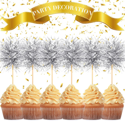 Chinco 100 Pcs Foil Firework Cupcake Toppers Sparkle Tinsel Cake Toppers Cake Decoration Cocktail Fruit Toothpick for Birthday Wedding Graduation Party(Silver)