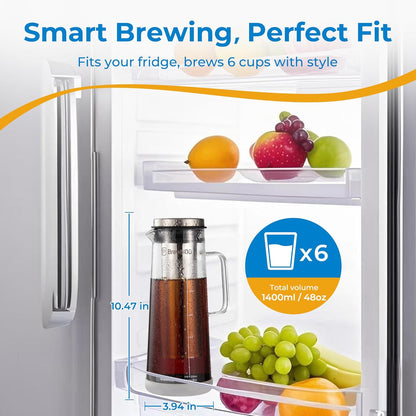 BrewMOO- Airtight Cold Brew Coffee Maker Pitcher, 1.4L/48Oz Thick Glass Carafe with Filter, Comfort Sturdy Handle & Wide Spout, Non-Slip Base | Iced Tea Maker (Grey)