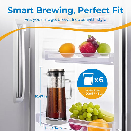 BrewMOO- Airtight Cold Brew Coffee Maker Pitcher, 1.4L/48Oz Thick Glass Carafe with Filter, Comfort Sturdy Handle & Wide Spout, Non-Slip Base | Iced Tea Maker (Grey)